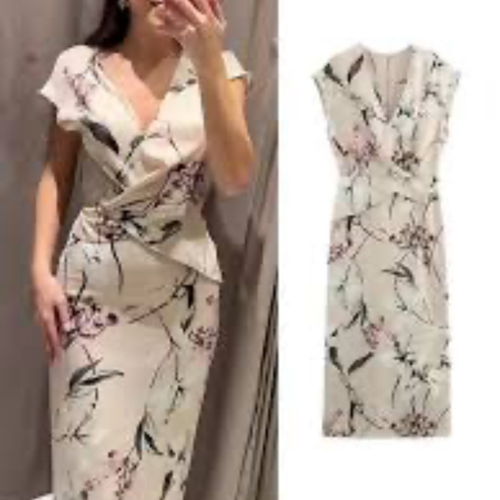 Zara Pink Sheath Midi Dress with Flutter Sleeves